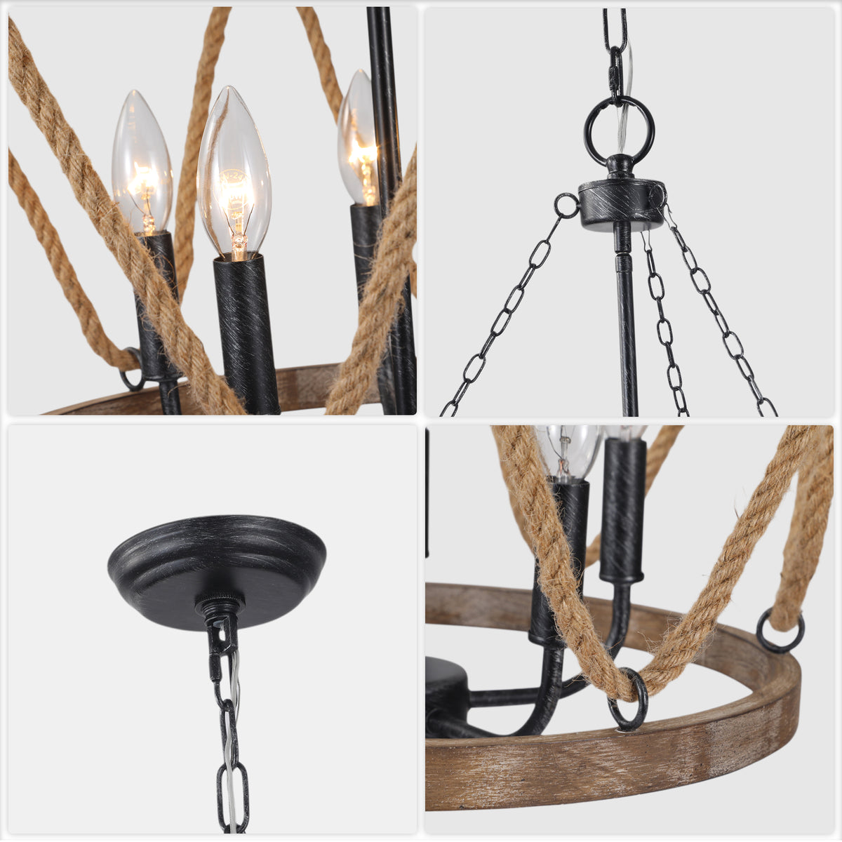 Farmhouse 20 Inch Hemp Rope Hanging Chain Chandelier Metal Wooden Hollow Out Caged Chandeliers Retro Versatile Adjustable Hanging Chain Chandelier Suit for Living Room, Kitchen, Bedroom