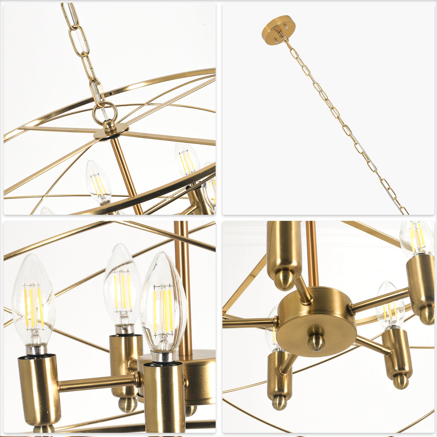 FC4089-Golden Modern Urban Linear Metal Caged Chandelier, Geometric Pendant Light, with Light Kit and Adjustable Chain