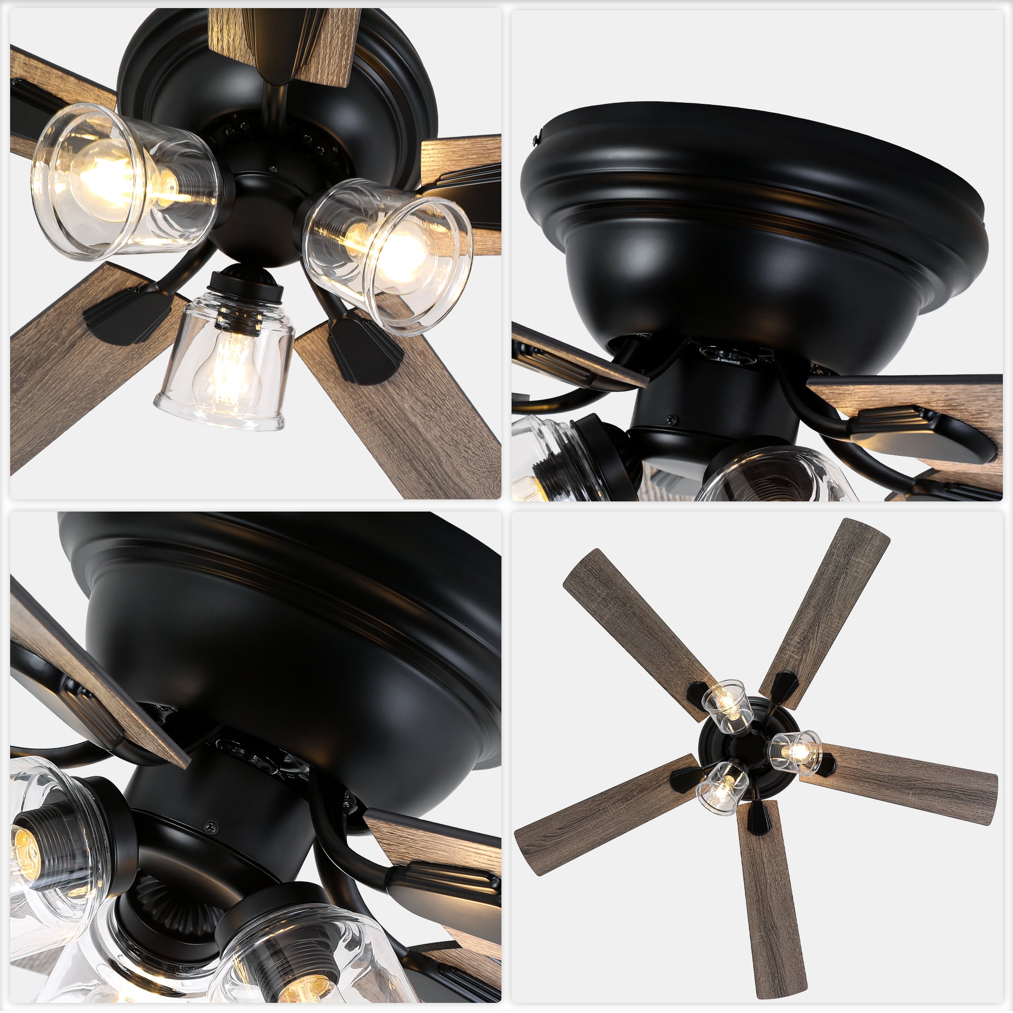 52/60 Inch Black Farmhouse Flush Mount Ceiling Fan with Lights and Remote Control, 6 Speeds DC Motor Low Profile Ceiling Fan with Glass Shade