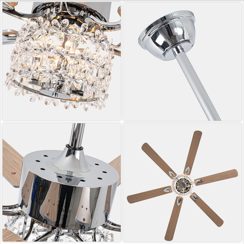 65 Inch Modern Glam Crystal Ceiling Fan with Lights and Remote Control,6 Speeds DC Motor  Black/Chrome Large Ceiling Fan with Crystals