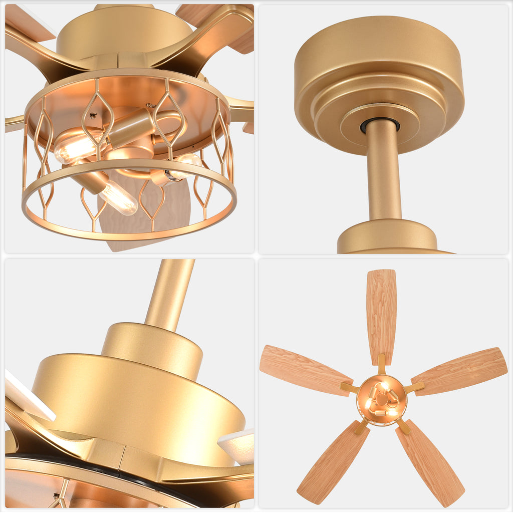 52 Inch Golden Modern Ceiling Fan with Lights and Remote Control, 6 Speeds DC Motor Reversible Ceiling Fan for Living Room
