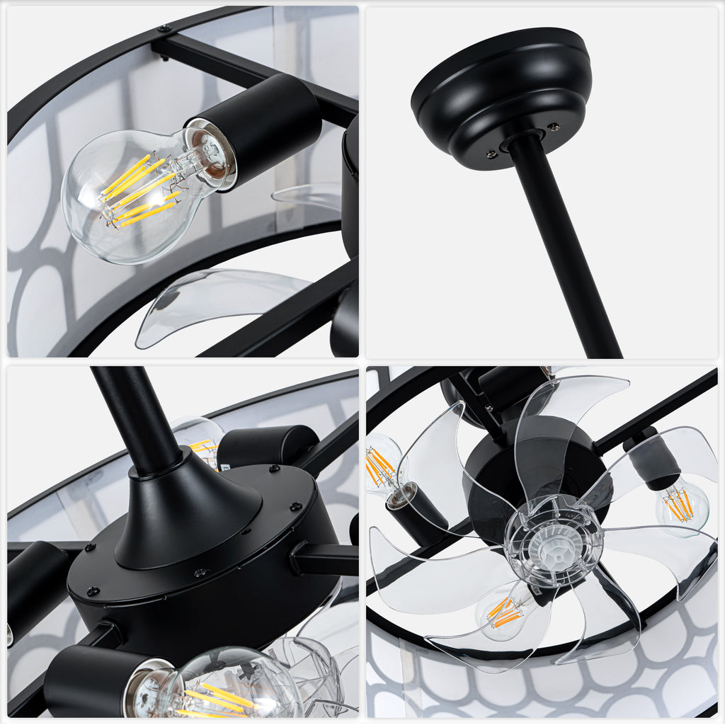 20 Inch Modern Drum Cage Ceiling Fan with Light and Remote, DC Motor 6-Speed Reversible Fandelier Bladeless Ceiling Fan for Bedroom