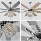 DC6504-BellaDepot 65" 8 Wooden Blades Silver Finish Crystal Reversible Ceiling Fan with Remote and 3 Lights, Large Size 6-speed Ceiling Fan