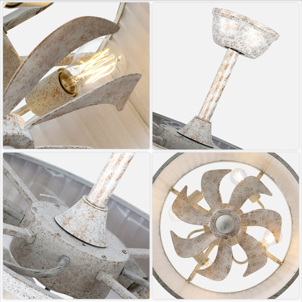 20 Inch Vintage Drum Cage Ceiling Fan with Light and Remote, 6-Speed DC Motor Distressed White Bladeless Ceiling Fan for Bedroom