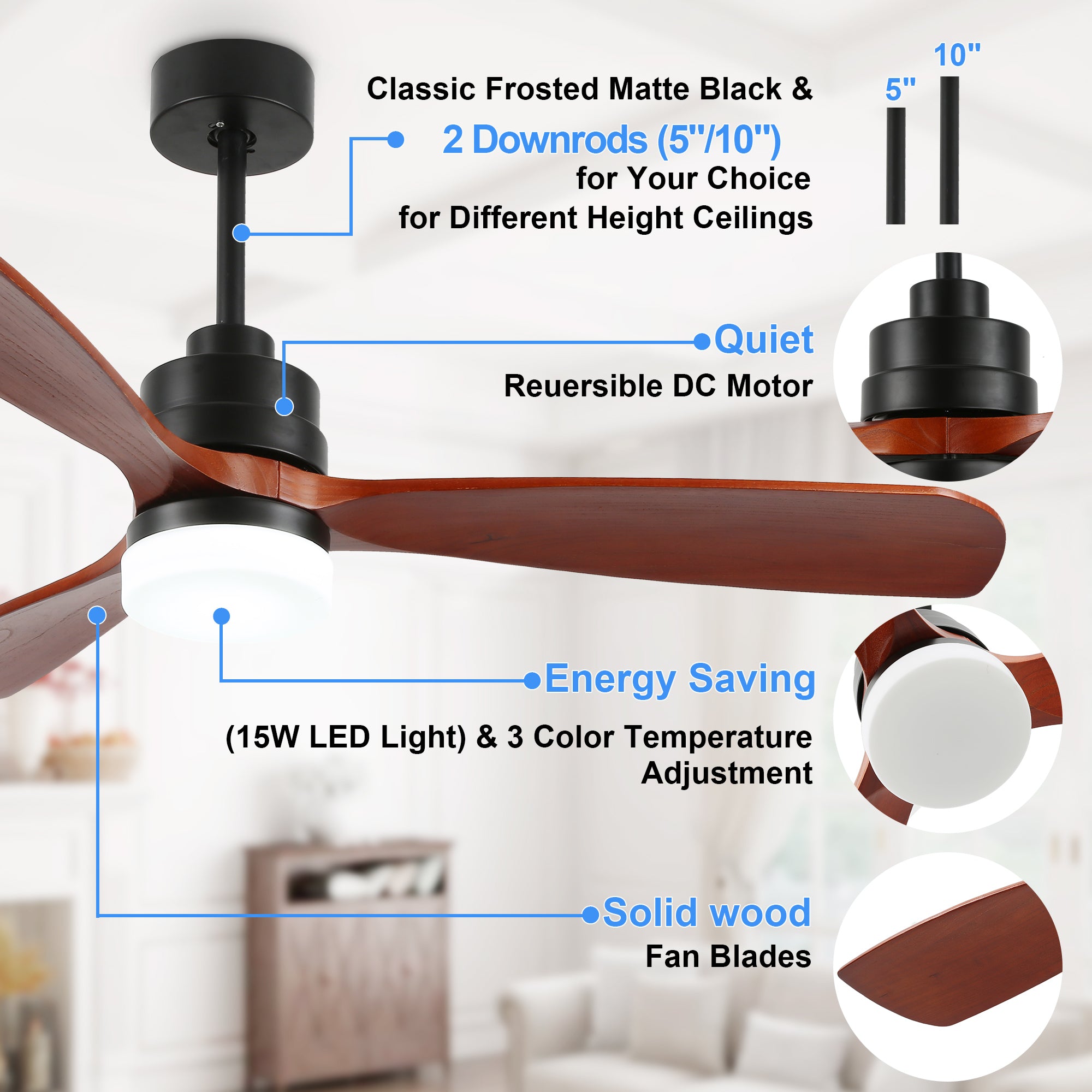 52 Inch Modern Farmhouse 3 Wooden Blades Ceiling Fan with Dimmable LED Light and Remote, 6 Speeds DC Motor Reversible Ceiling Fan for Living Room