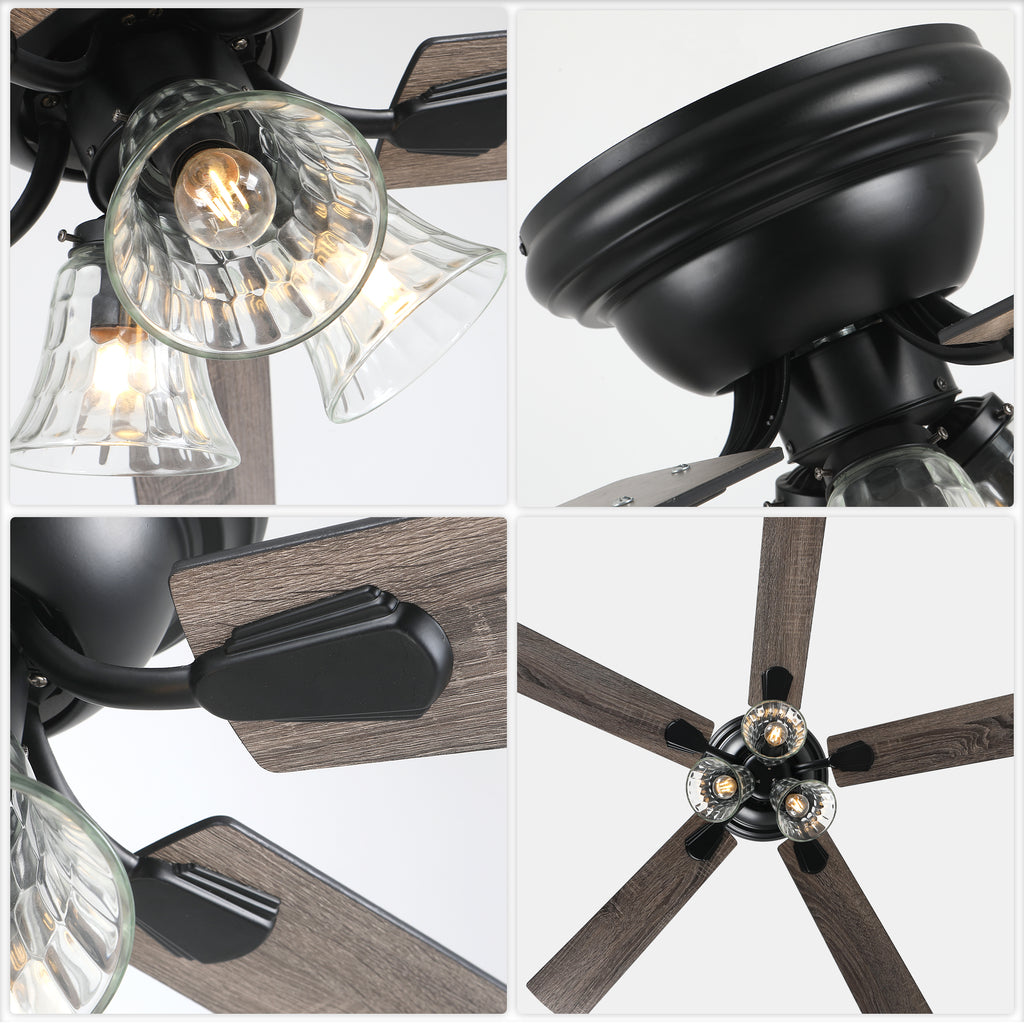 52/60 Inch Black Farmhouse Flush Mount Ceiling Fan with Lights and Remote Control, 6 Speeds DC Motor Low Profile Ceiling Fan with Glass Shade