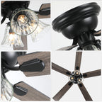 52/60 Inch Black Farmhouse Flush Mount Ceiling Fan with Lights and Remote Control, 6 Speeds DC Motor Low Profile Ceiling Fan with Glass Shade