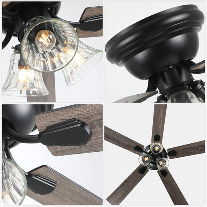 DC5215GED-52" 5 Wooden Blades Retro Reversible Flush Mounted Ceiling Fan with Remote and Lights, 6-speed Large Size Ceiling Fan