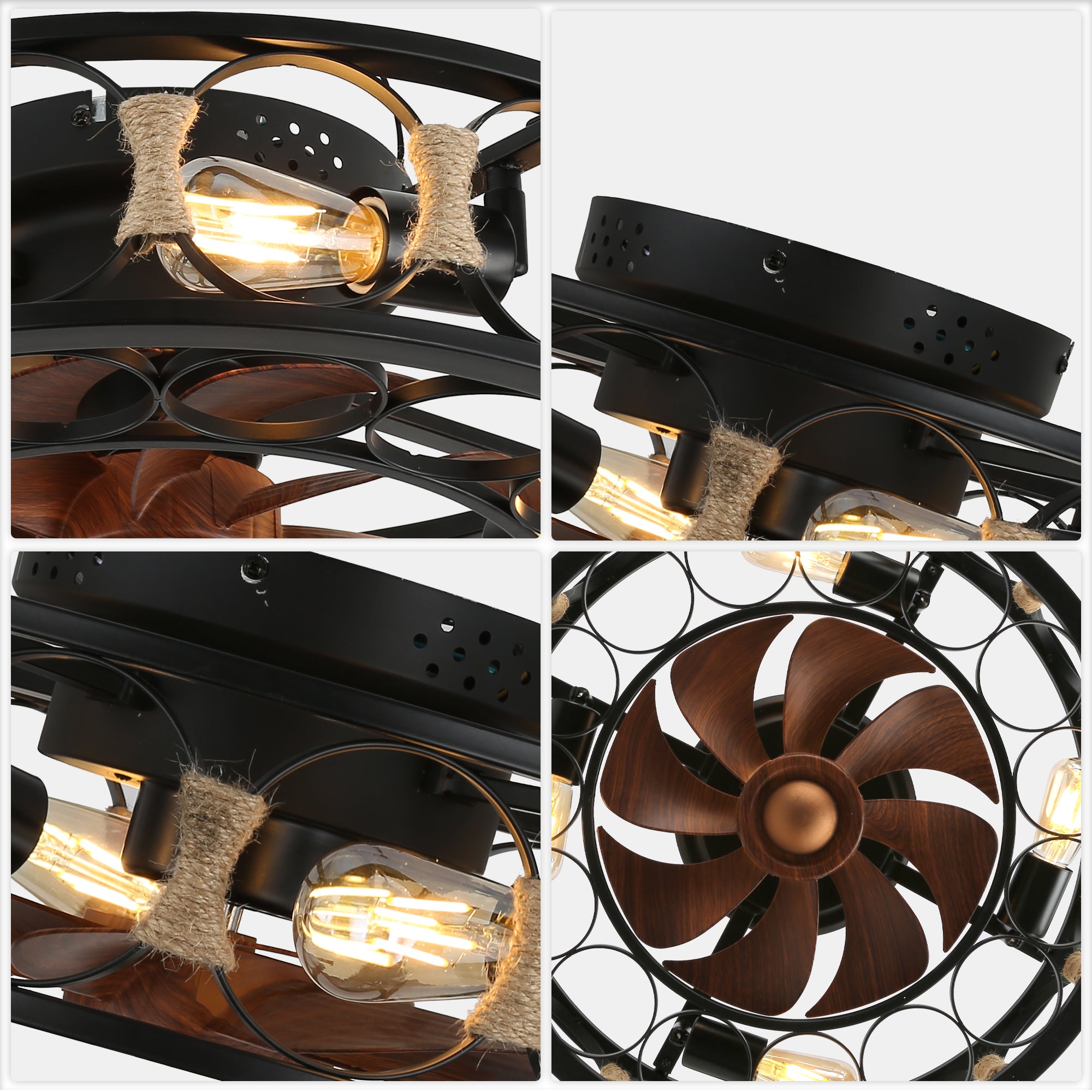 19 Inch Black Farmhouse Flush Mount Ceiling Fan with Lights and Remote, 6 Speeds DC Motor Bladeless Ceiling Fans for Low Profile Ceiling