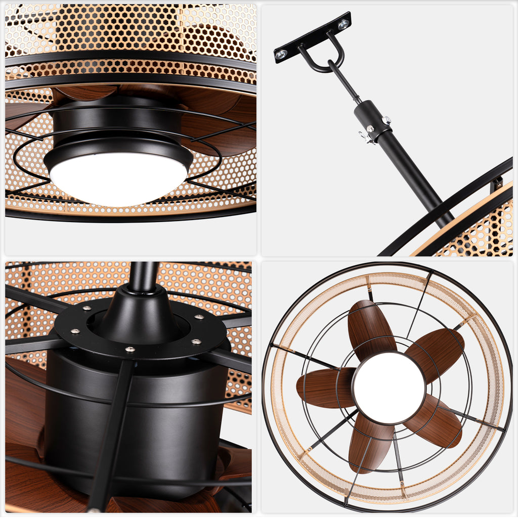 HW2307-BellaDepot 23.6" Imitation Rattan Outdoor Ceiling Fan with Remote and LED Lights, DC Motor 6 Speeds Ceiling Fan
