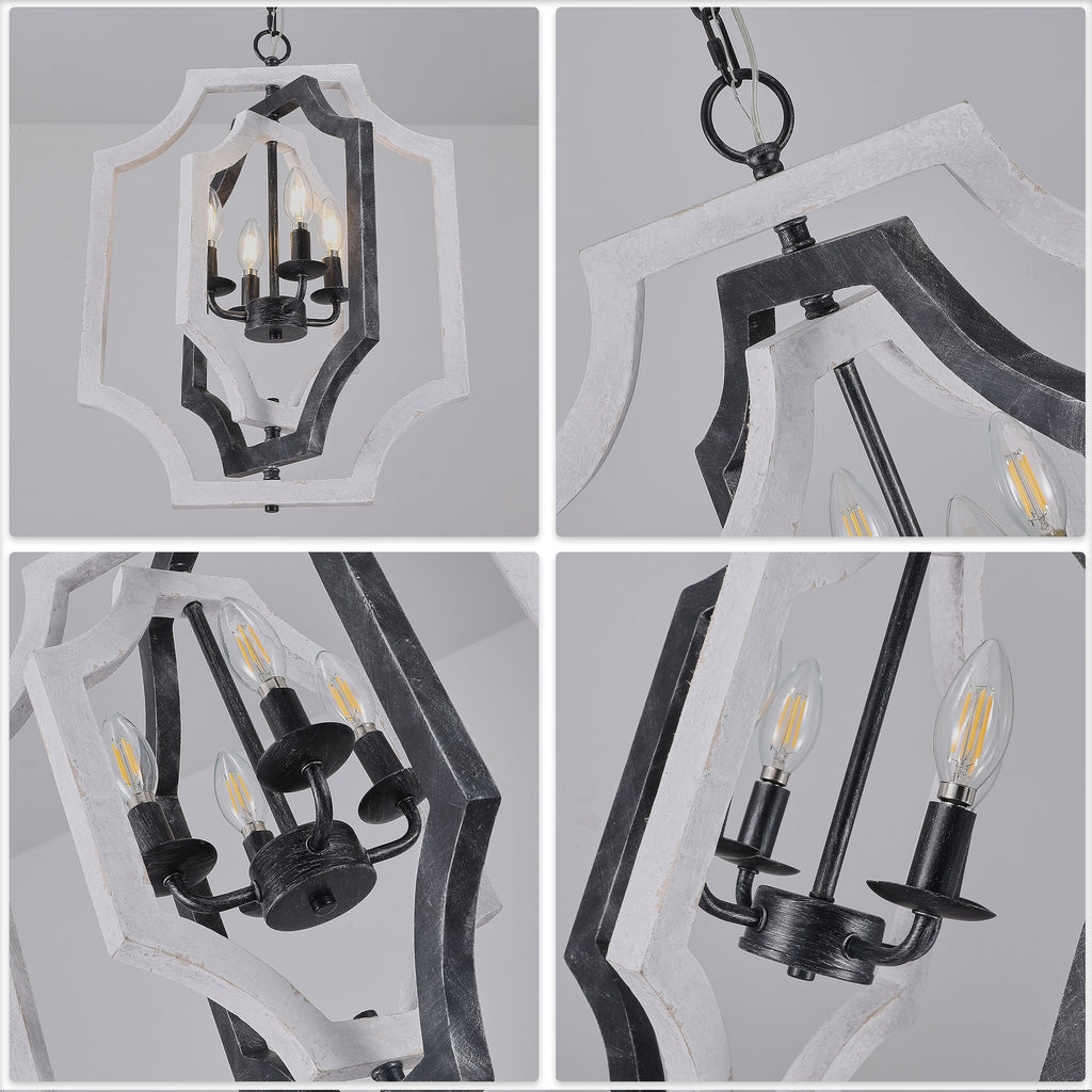 4 - Lights Distressed Wood Chandelier with Adjustable Chain, 16.9" Geometric Chandelier for Entryway with DIY Shade