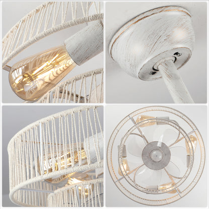 DC2030-19.7" Distressed White Finish Simple Style Reversible Ceiling Fan with Remote and 4 Lights, 6-speed Bladeless Ceiling Fan