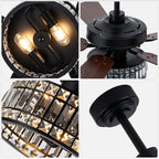 Luxury 60 Inch Crystal Caged Ceiling Fan with Light Reversible Quiet DC Motor and Remote Control Ceiling Fan Wood Blades Ceiling Fan Suit for Bedroom, Living Room, Kitchen
