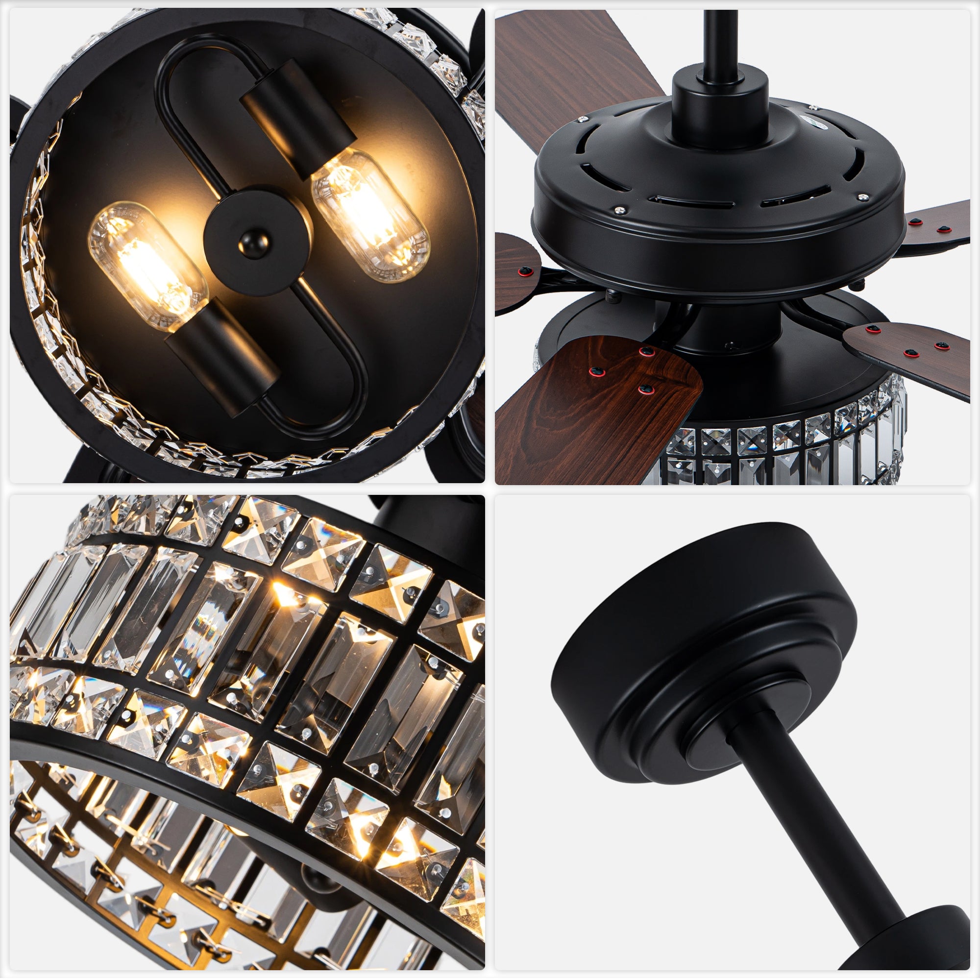 Luxury 60 Inch Crystal Caged Ceiling Fan with Light Reversible Quiet DC Motor and Remote Control Ceiling Fan Wood Blades Ceiling Fan Suit for Bedroom, Living Room, Kitchen