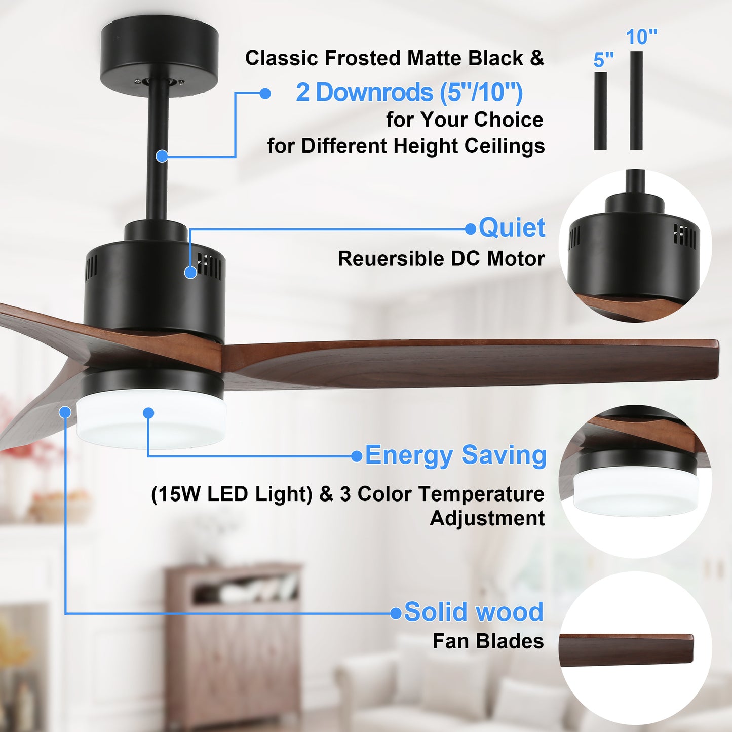 DC5208-52" Popular Large Wooden Reversible Ceiling Fan, with Remote and LED Light Kit, DC Motor, 3 Blades