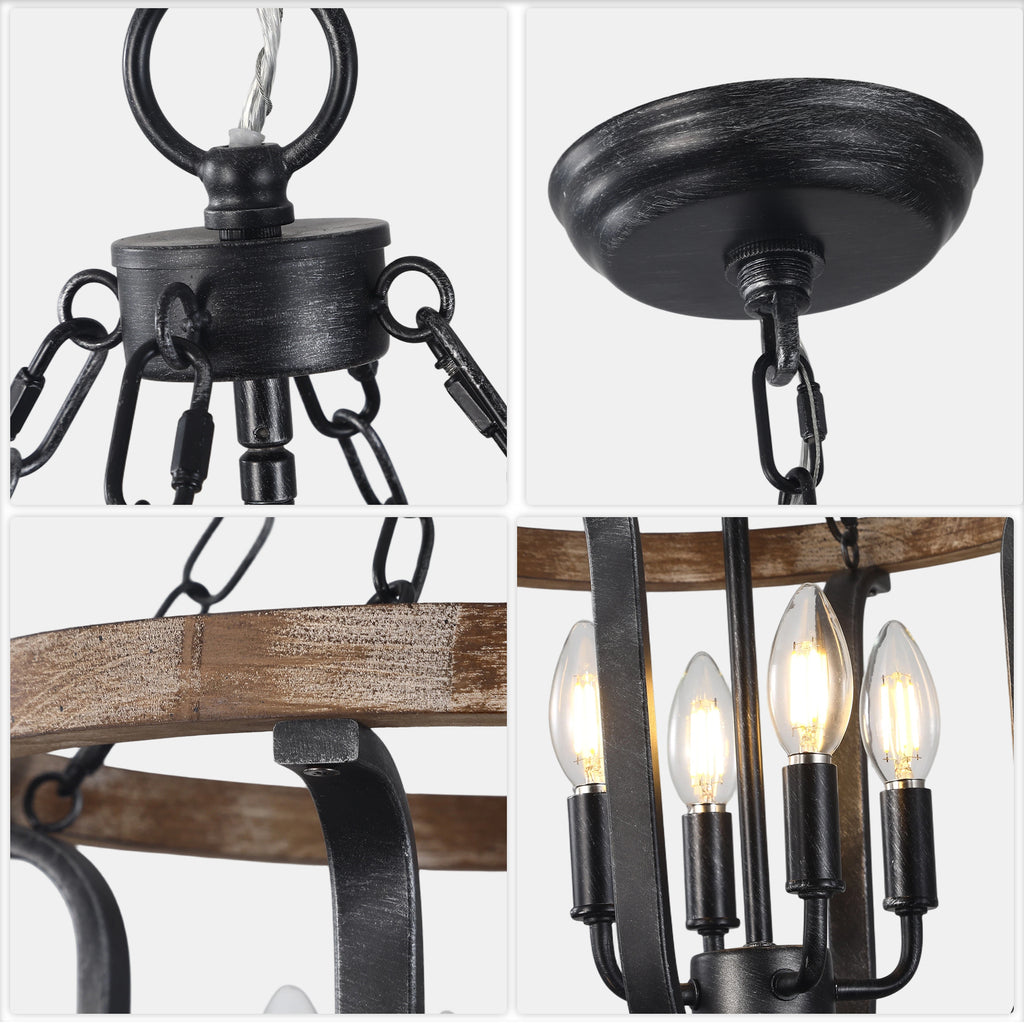 4 - Light Farmhouse Solid Wood Chandelier, 14" Geometric Rustic Hanging Chandelier with Adjustable Chain, Foyer Wood Light Fixture