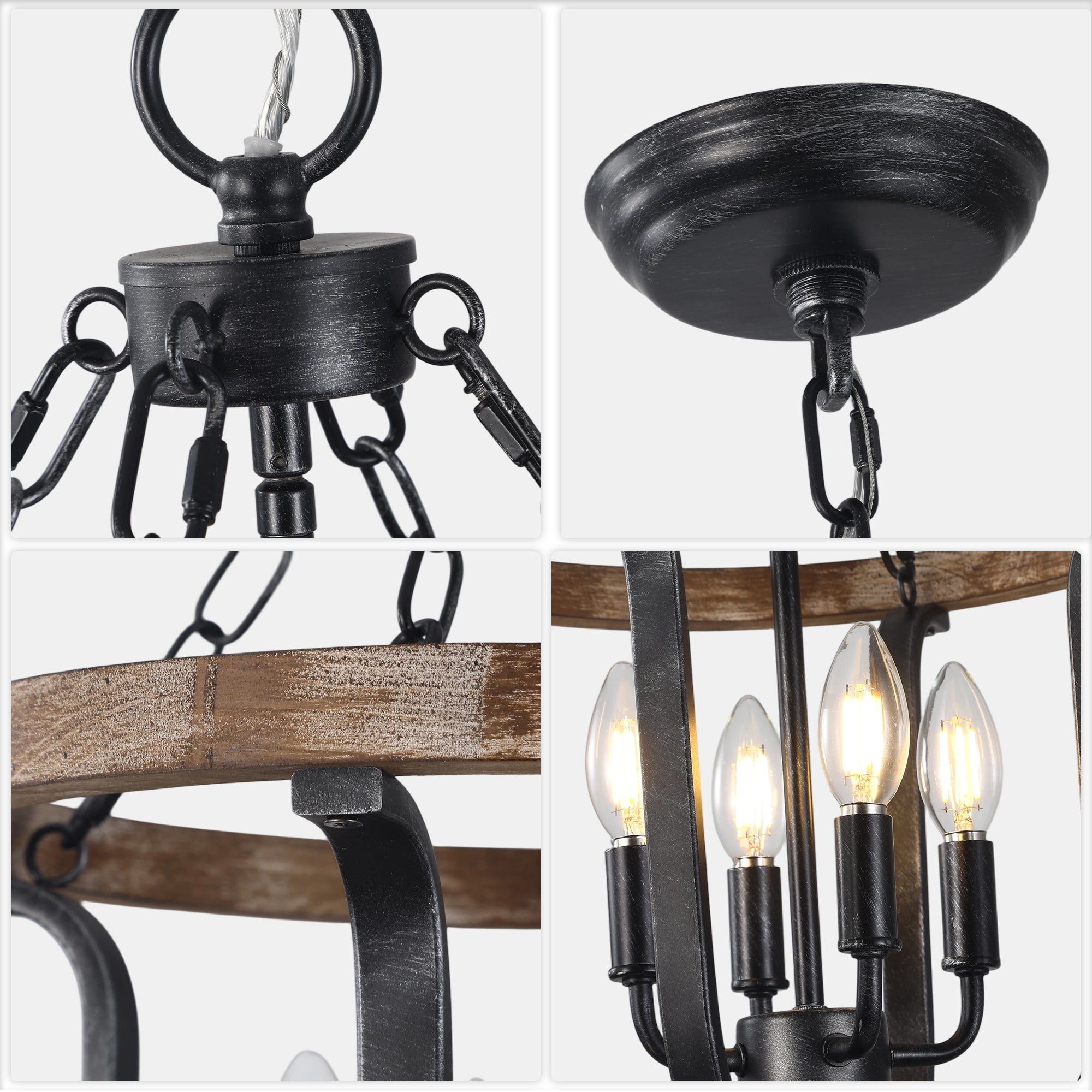 4 - Light Farmhouse Solid Wood Chandelier, 14" Geometric Rustic Hanging Chandelier with Adjustable Chain, Foyer Wood Light Fixture