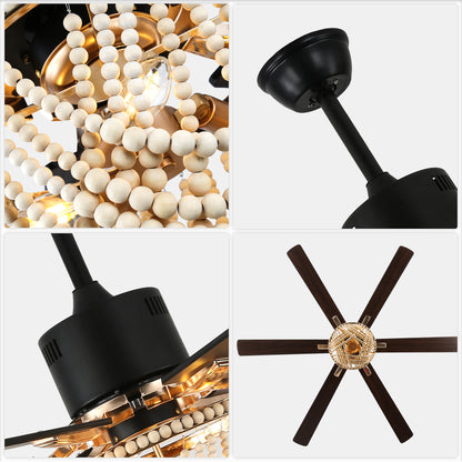 BellaDepot 65" Wood Bead Cottage Large Size Ceiling Fan with Remote Control, Silent Motor 6 Speeds Straight Leaf Fan with 3 Lights - DC6508
