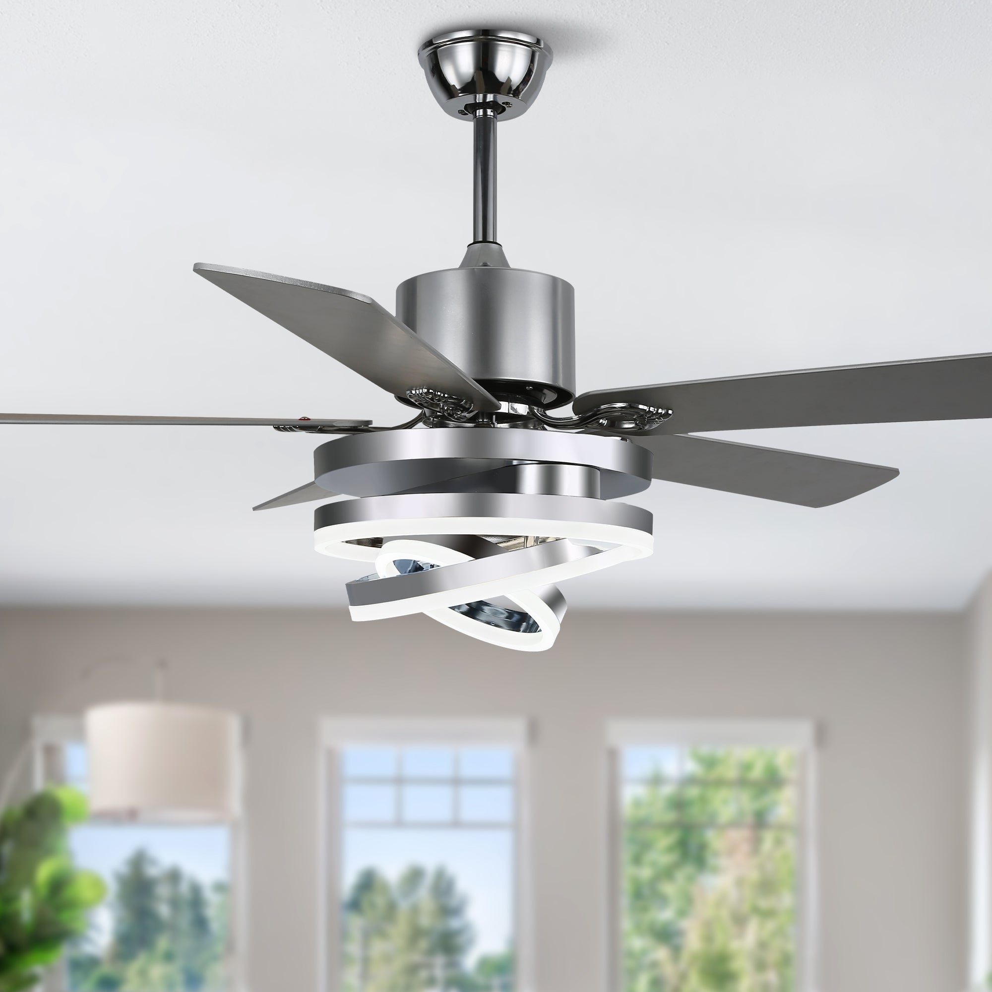 DC2062-BellaDepot 52" Black/Silver Finish Dimmable Ceiling Fan with Remote and LED Light Kit Included, 6-speed Ceiling Fan