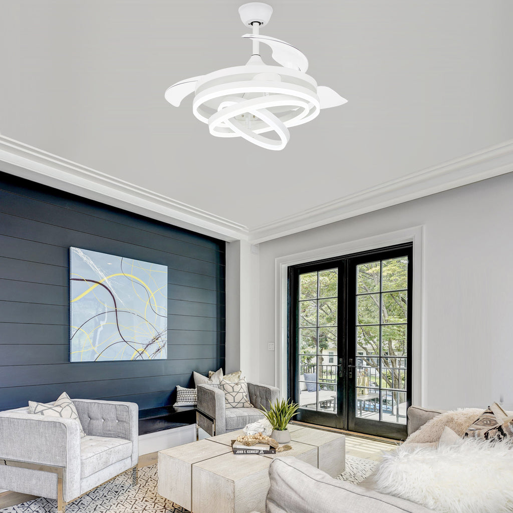 42 Inch Modern Smart Retractable Ceiling Fan with LED Light and Remote, 6 Speeds DC Motor Bladeless Ceiling Fan with DIY Shade
