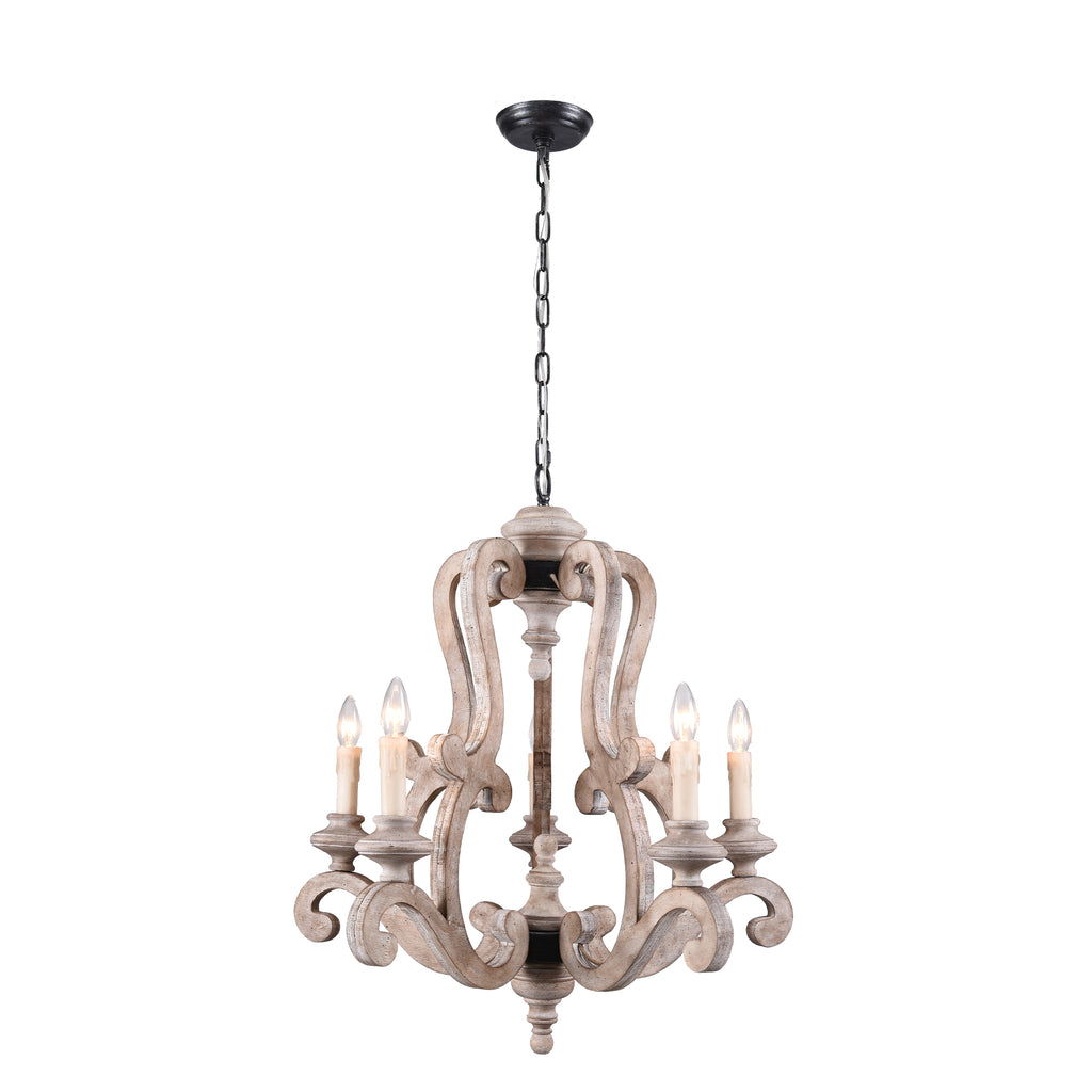 FC4004-H/W-BellaDepot 5 Lights 25" Distressed Wood/Distressed White Vintage Wood Chandelier, Height Adjustable Pendant Light
