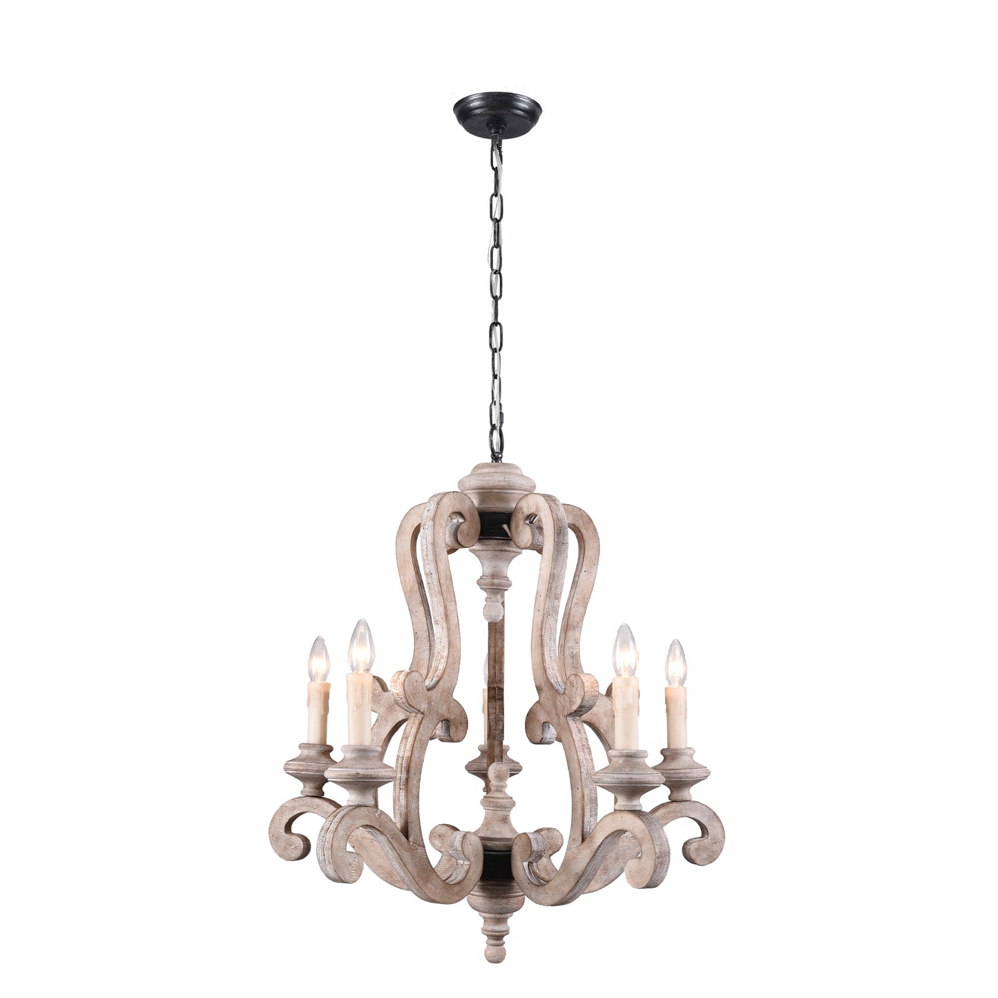 FC4004-5 Light, 25" Wooden Chandelier with Candelabra Bulb Base, Pendant Lamps, for Dining Room Bedroom Living Room