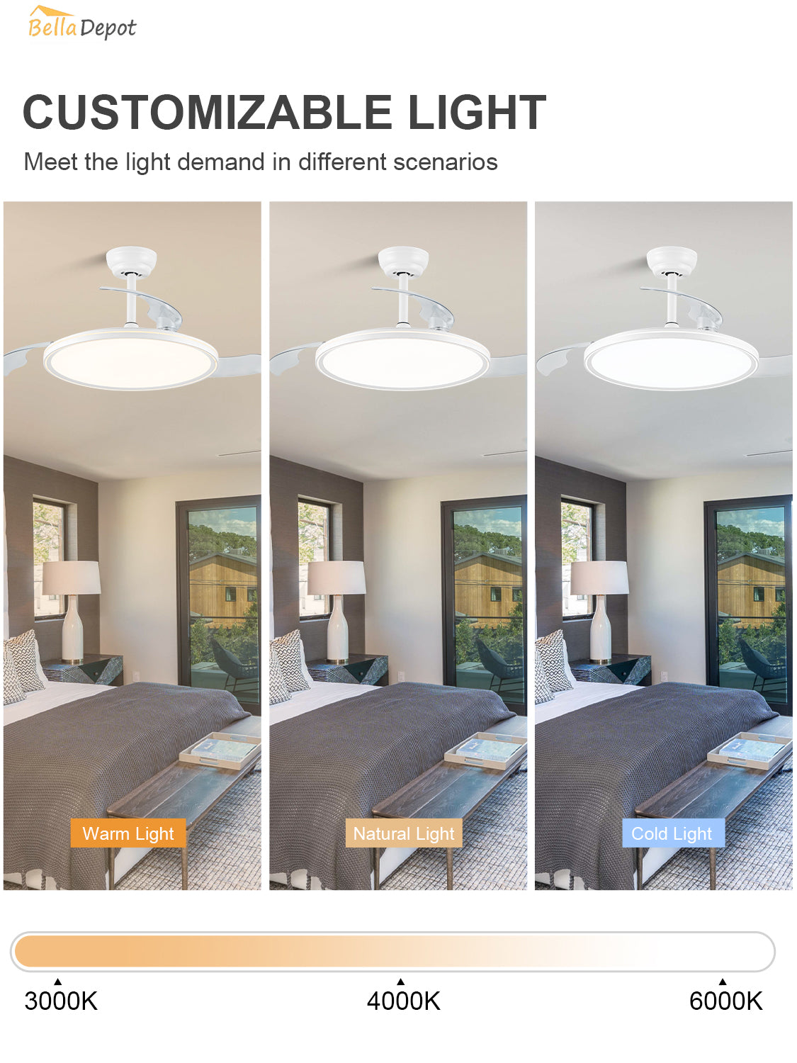Modern 42 Inch Retractable Ceiling Fan with Light Dimmable LED Light and Quiet DC Motor Ceiling Fan Smart Control Ceiling Fan with Light Suit for Living Room, Bedroom and Kitchen
