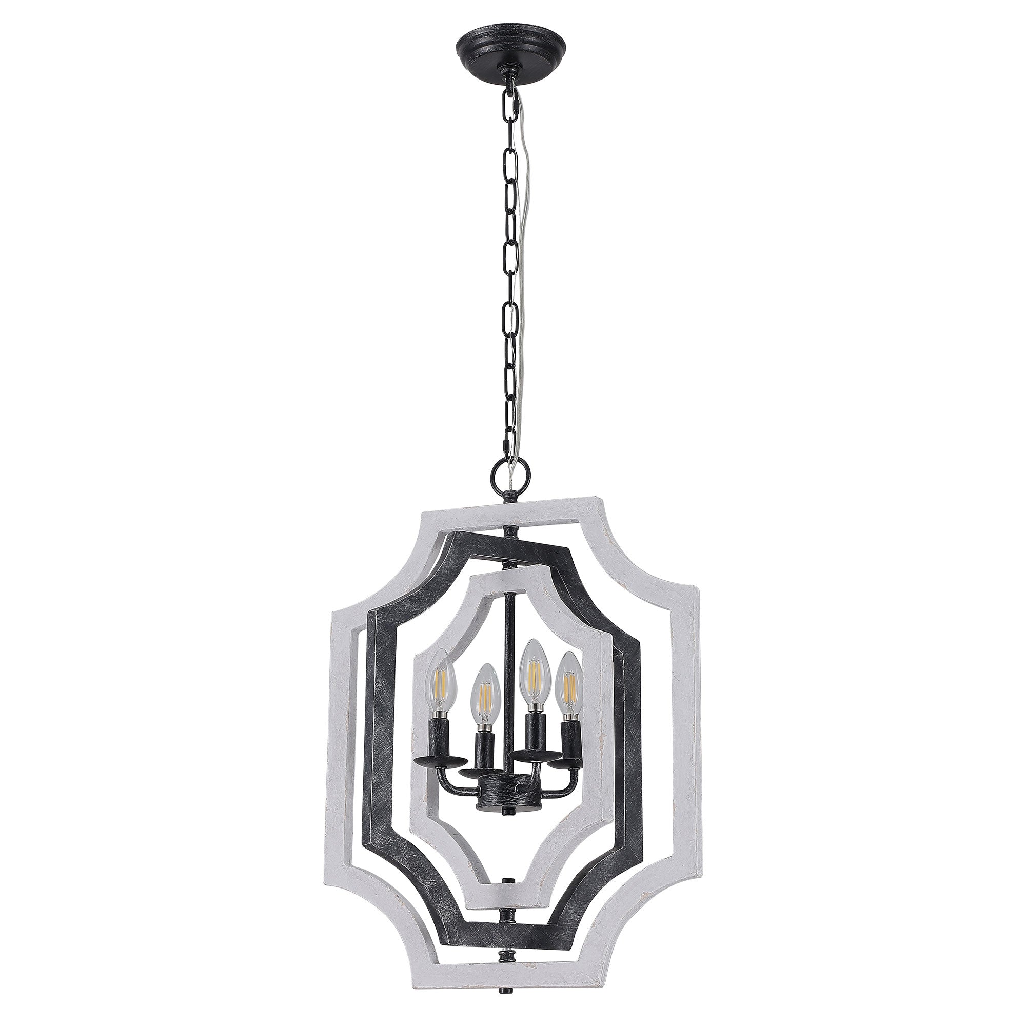 4 - Lights Distressed Wood Chandelier with Adjustable Chain, 16.9" Geometric Chandelier for Entryway with DIY Shade