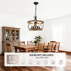 3 - Lights Farmhouse Drum Chandelier, 13" Wooden Chandelier for Dining Room with Height Adjustable