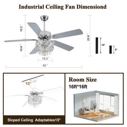 BD2064-52" Large Size Silver Deluxe Crystal Reversible Ceiling Fan with Lights and Remote, DC Motor 6 Speed, for Home Living Room Bedroom