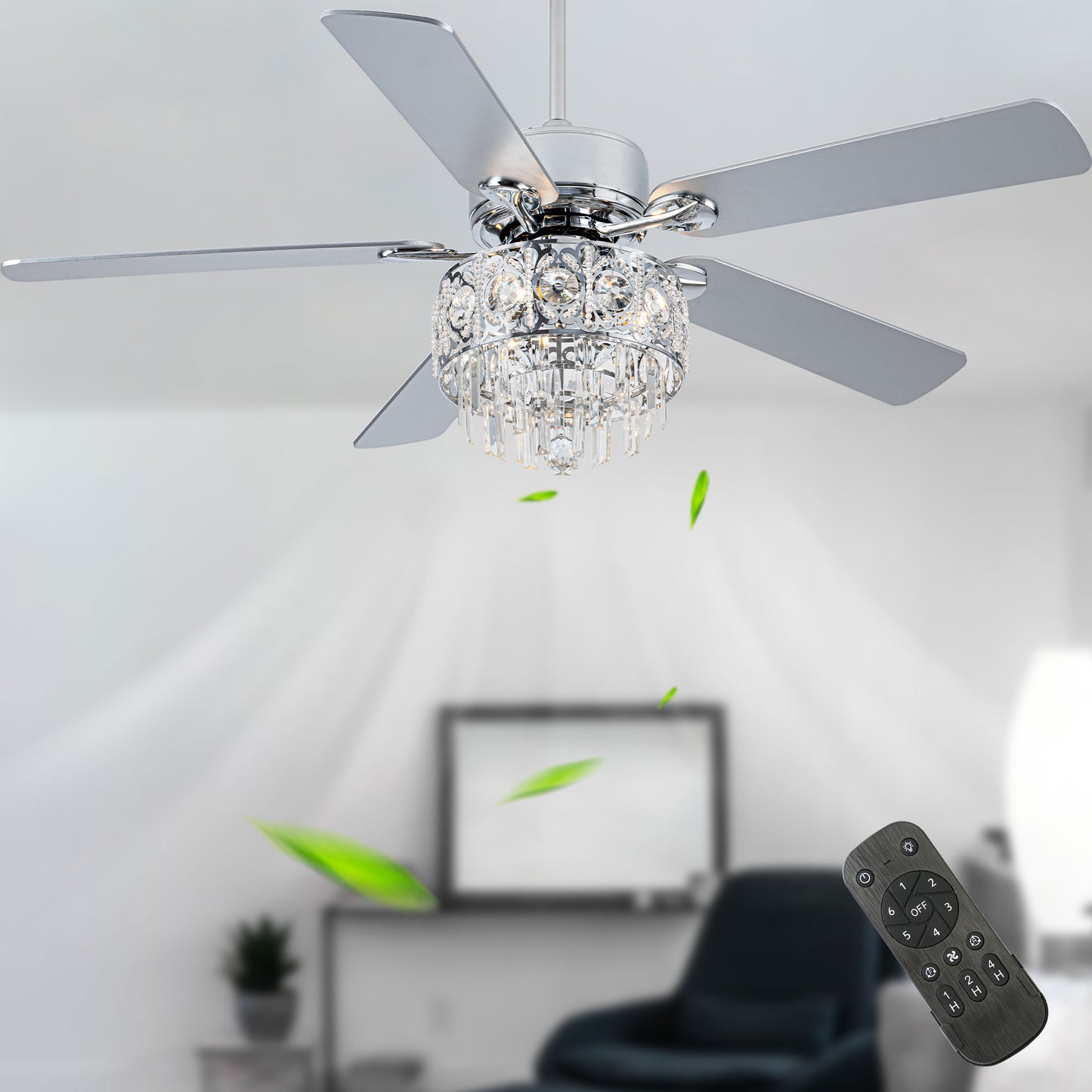 BD2064-52" Large Size Silver Deluxe Crystal Reversible Ceiling Fan with Lights and Remote, DC Motor 6 Speed, for Home Living Room Bedroom