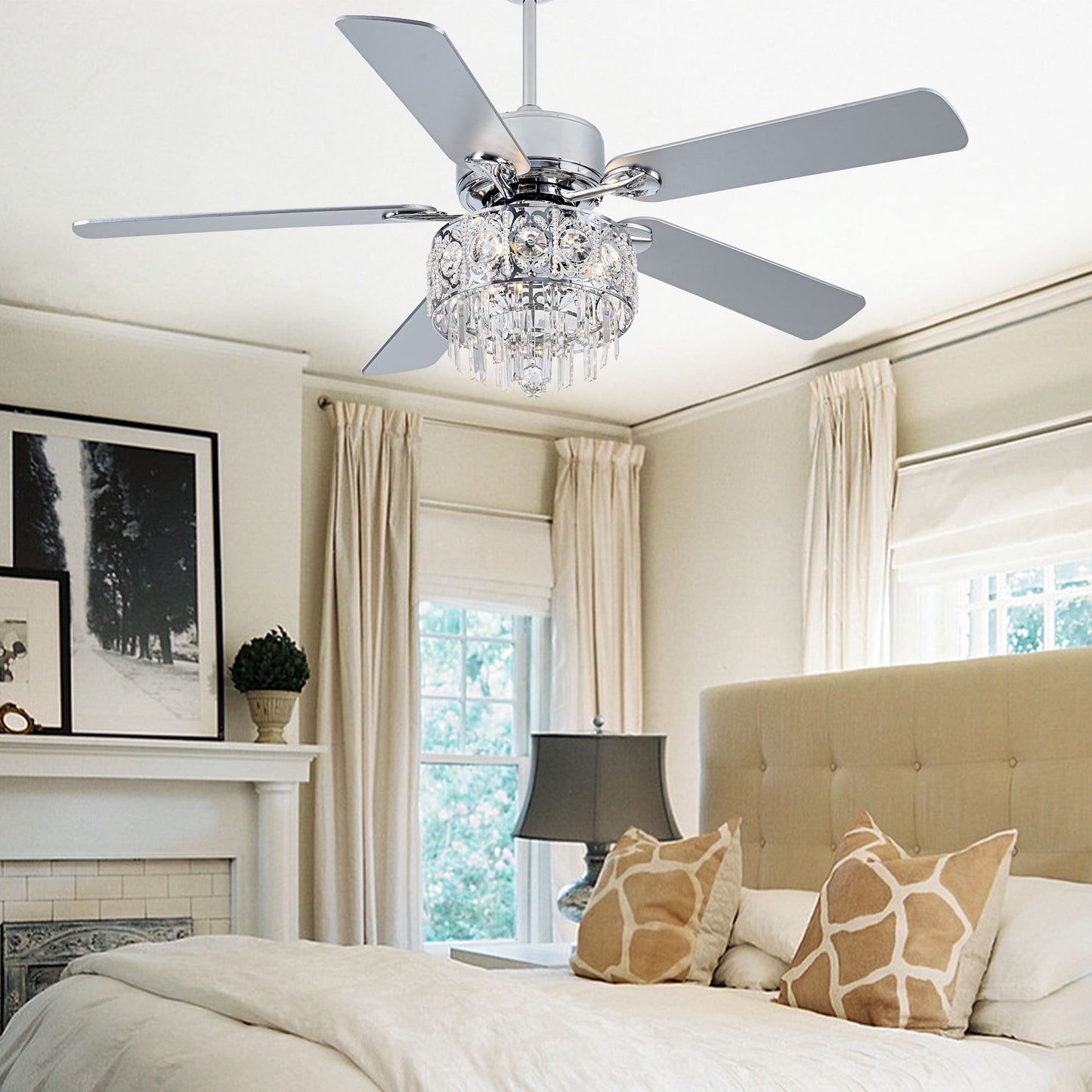 BD2064-52" Large Size Silver Deluxe Crystal Reversible Ceiling Fan with Lights and Remote, DC Motor 6 Speed, for Home Living Room Bedroom