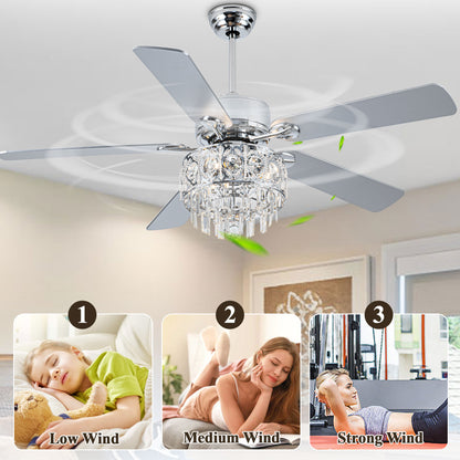 BD2064-52" Large Size Silver Deluxe Crystal Reversible Ceiling Fan with Lights and Remote, DC Motor 6 Speed, for Home Living Room Bedroom