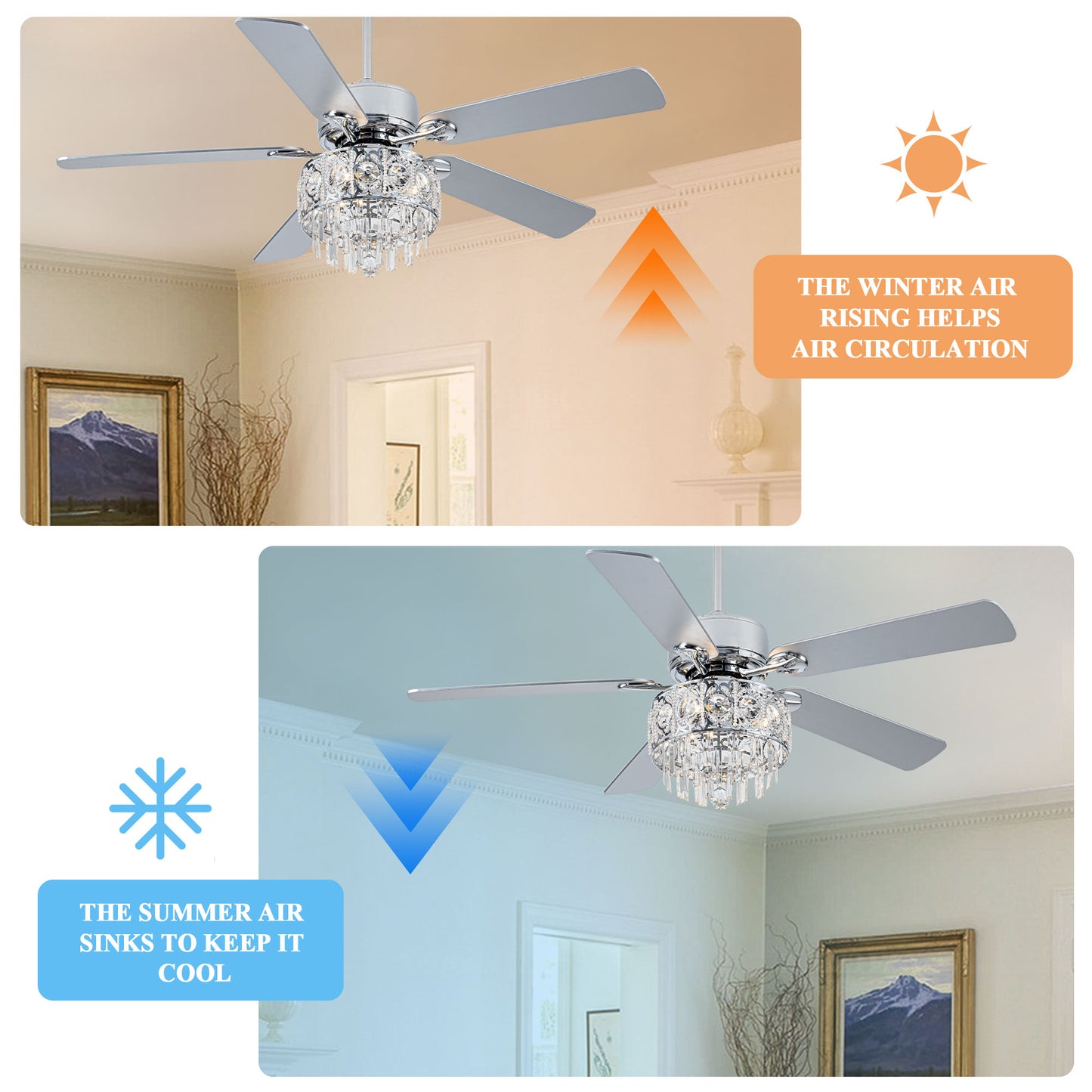 BD2064-52" Large Size Silver Deluxe Crystal Reversible Ceiling Fan with Lights and Remote, DC Motor 6 Speed, for Home Living Room Bedroom