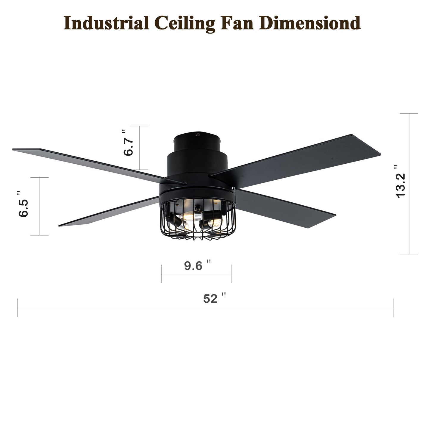 DC2065-52" Matte Retro Black Low Profile Flush Mounted Ceiling Fan with Lights and Remote, DC Motor 6 Speeds, for Large Bedroom Living Room