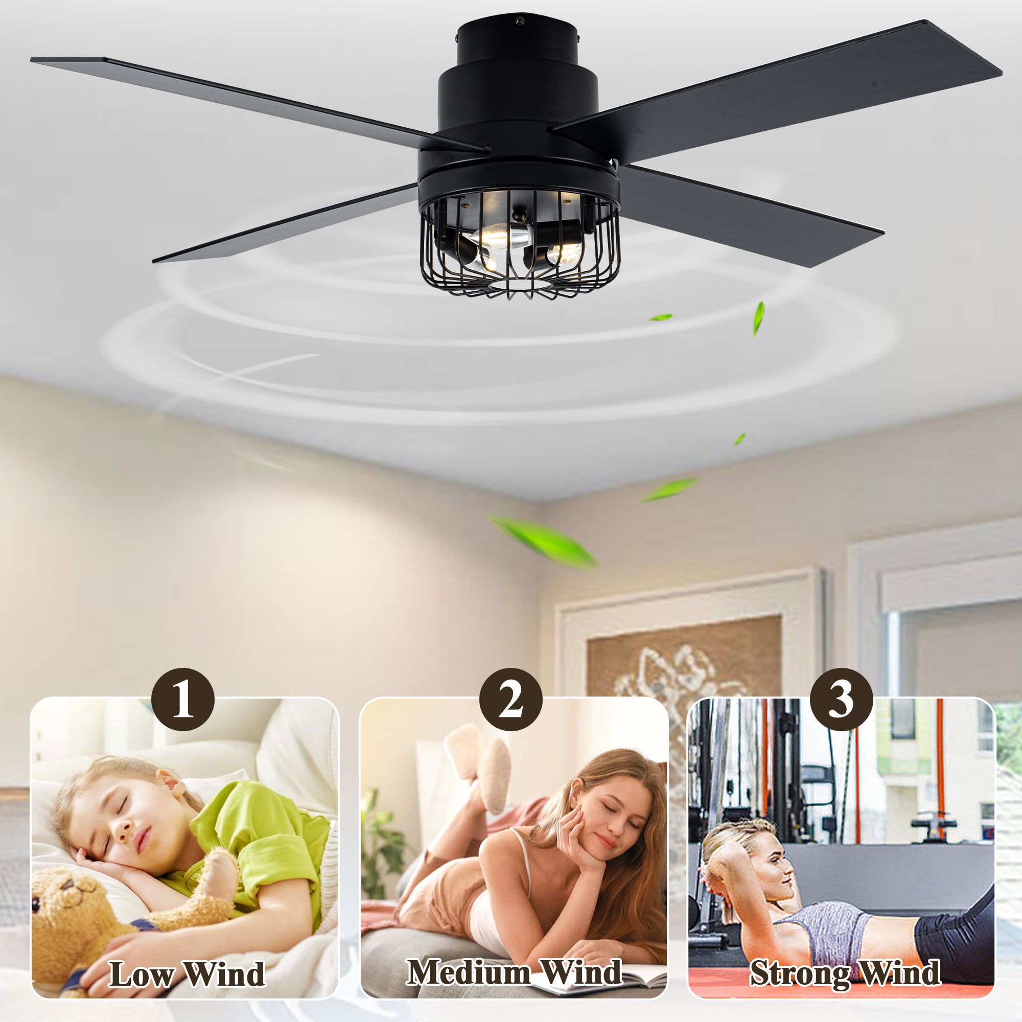 BD2065-BellaDepot 52" Retro Black Finish Low Profile Flush Mounted Ceiling Fan with Lights and Remote, DC Motor 6 Speeds Ceiling Fan for All Seasons