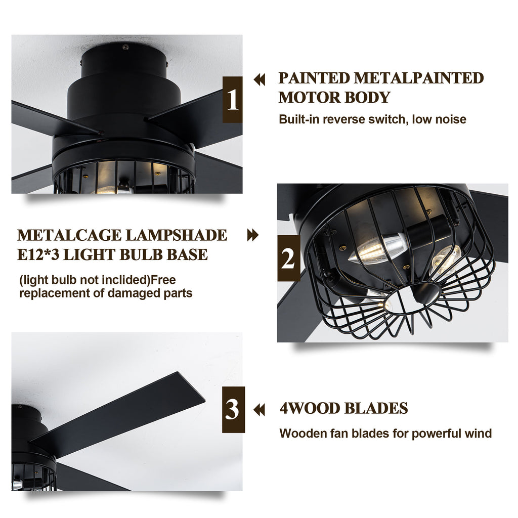 BD2065-BellaDepot 52" Retro Black Finish Low Profile Flush Mounted Ceiling Fan with Lights and Remote, DC Motor 6 Speeds Ceiling Fan for All Seasons