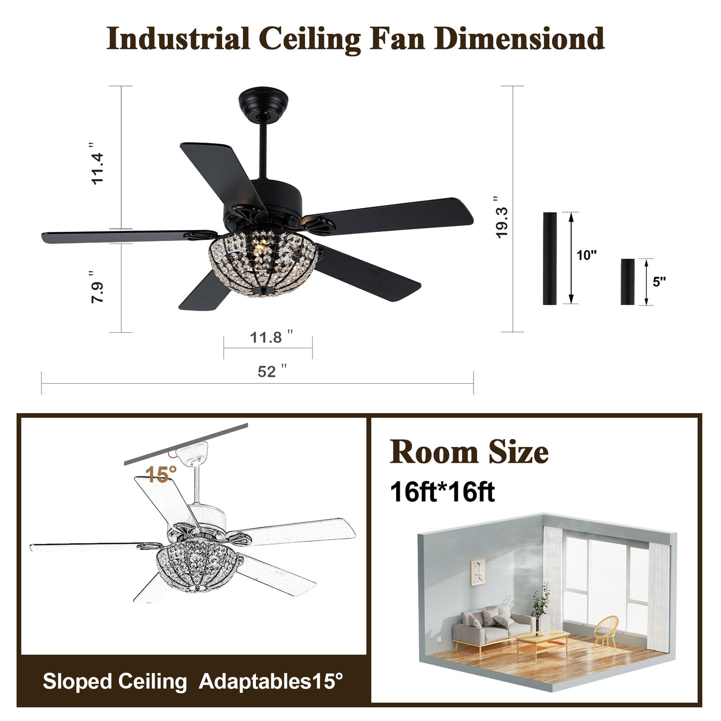 BD2066-52" Large Glam Crystal Caged Black Reversible Ceiling Fan with Lights and Remote for Home Living Room Large Bedroom