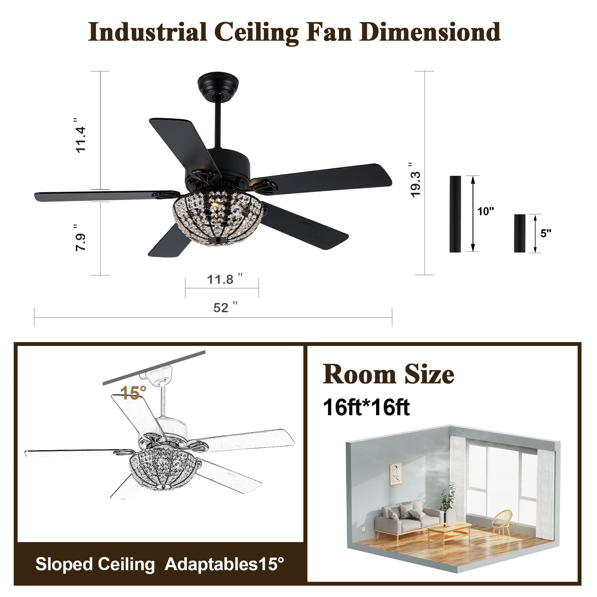 BD2066-BellaDepot 52" Glam Crystal Caged Reversible Ceiling Fan with 3 Lights and Remote