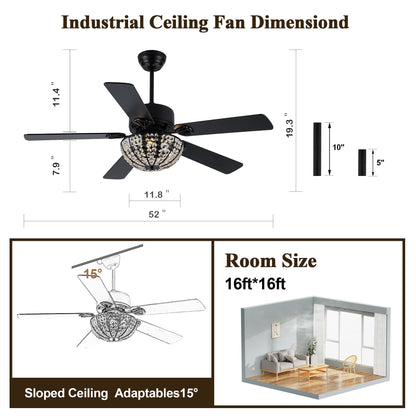 BD2066-52" Large Glam Crystal Caged Black Reversible Ceiling Fan with Lights and Remote for Home Living Room Large Bedroom