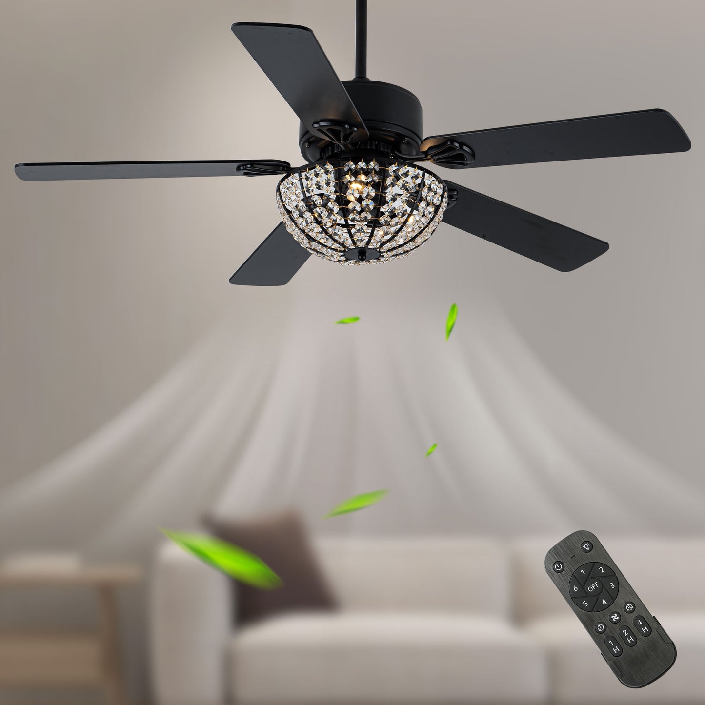 BD2066-52" Large Glam Crystal Caged Black Reversible Ceiling Fan with Lights and Remote for Home Living Room Large Bedroom