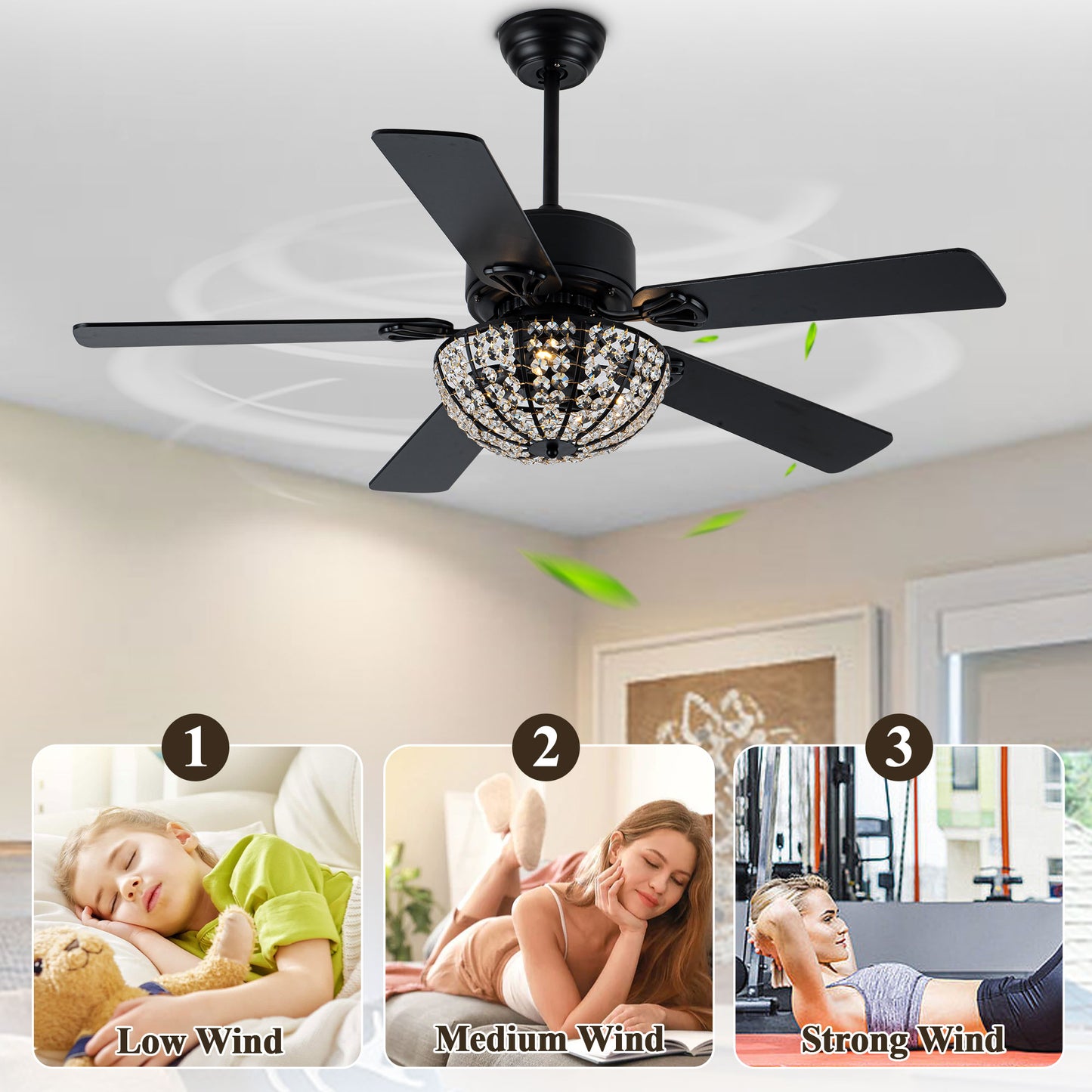 BD2066-52" Large Glam Crystal Caged Black Reversible Ceiling Fan with Lights and Remote for Home Living Room Large Bedroom