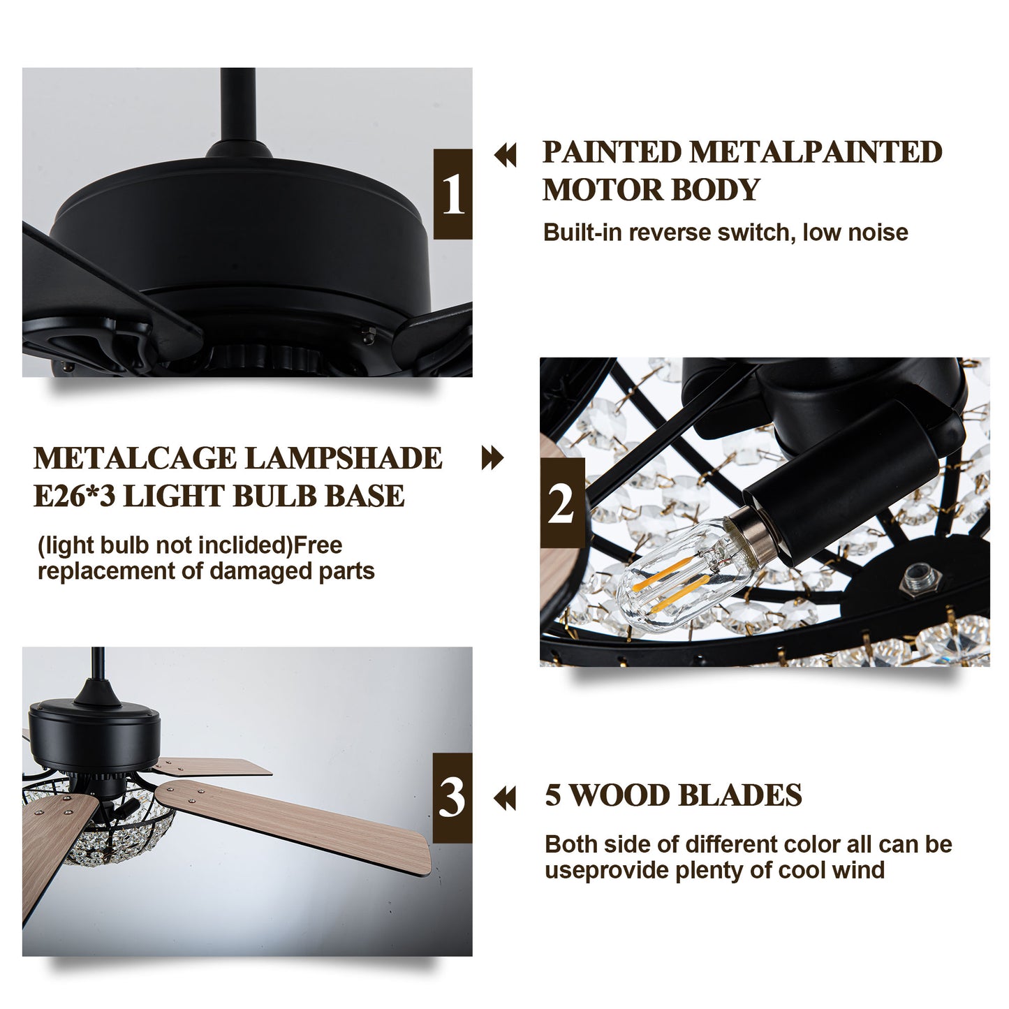 BD2066-52" Large Glam Crystal Caged Black Reversible Ceiling Fan with Lights and Remote for Home Living Room Large Bedroom