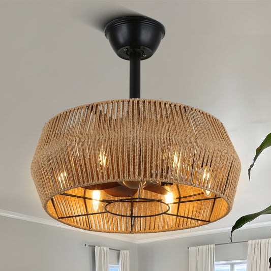 18 in. Rattan Wicker Ceiling Fan with Lights, 3- Speed Scandi Style Fan lights with Remote