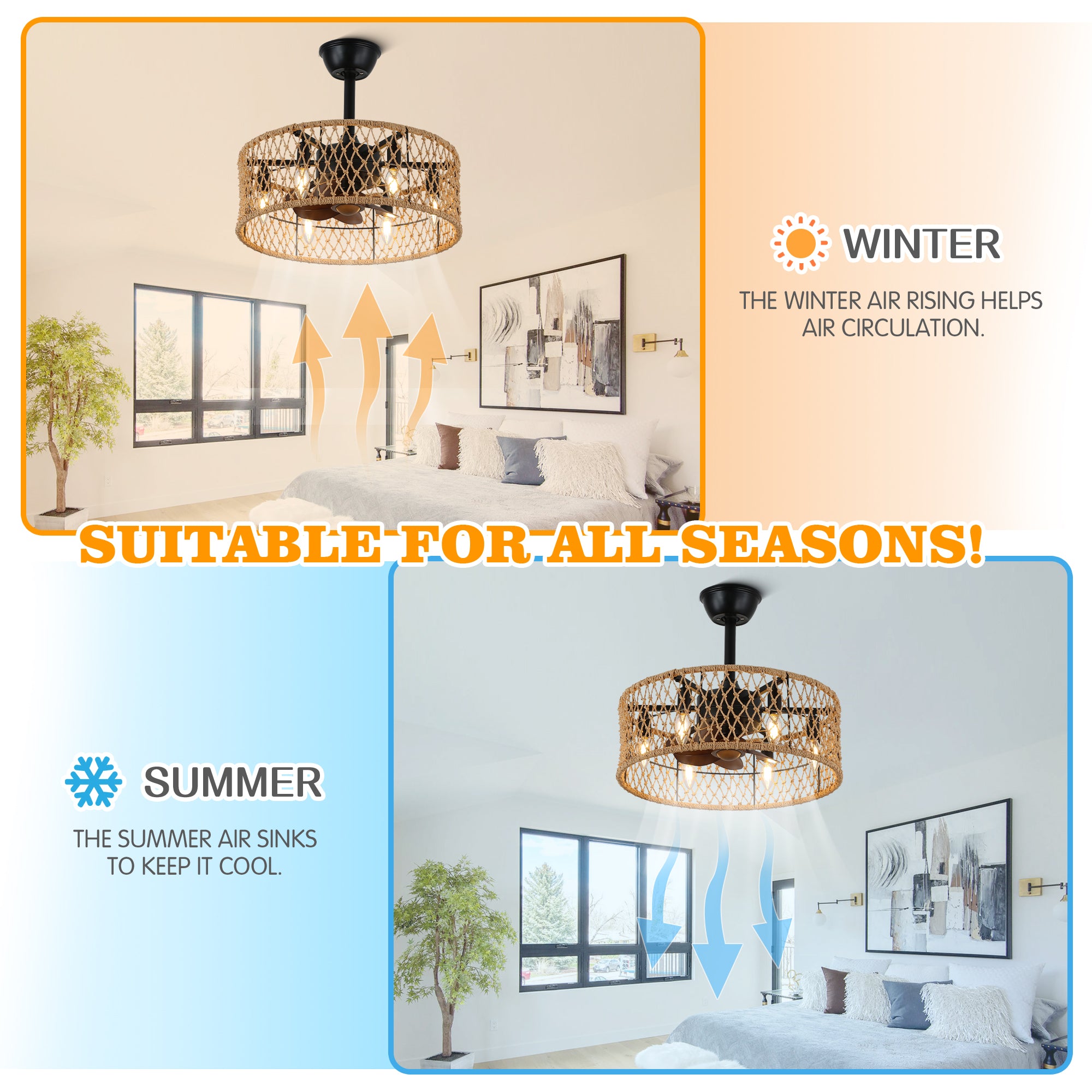 BD1805-BellaDepot 18" Rattan Series Cottage Caged Reversible Ceiling Fan with Lights Remote Control