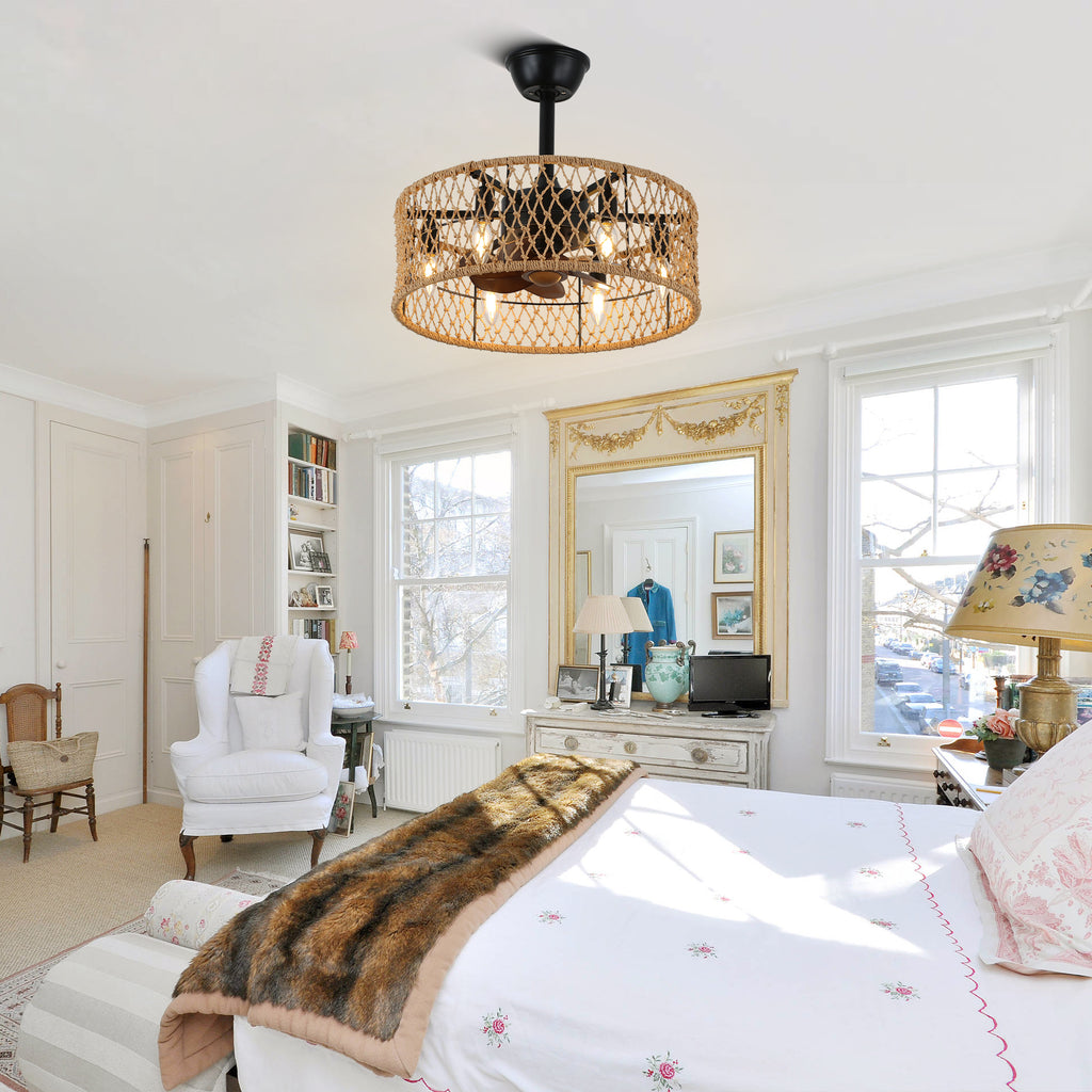 BD1805-BellaDepot 18" Rattan Series Cottage Caged Reversible Ceiling Fan with Lights Remote Control