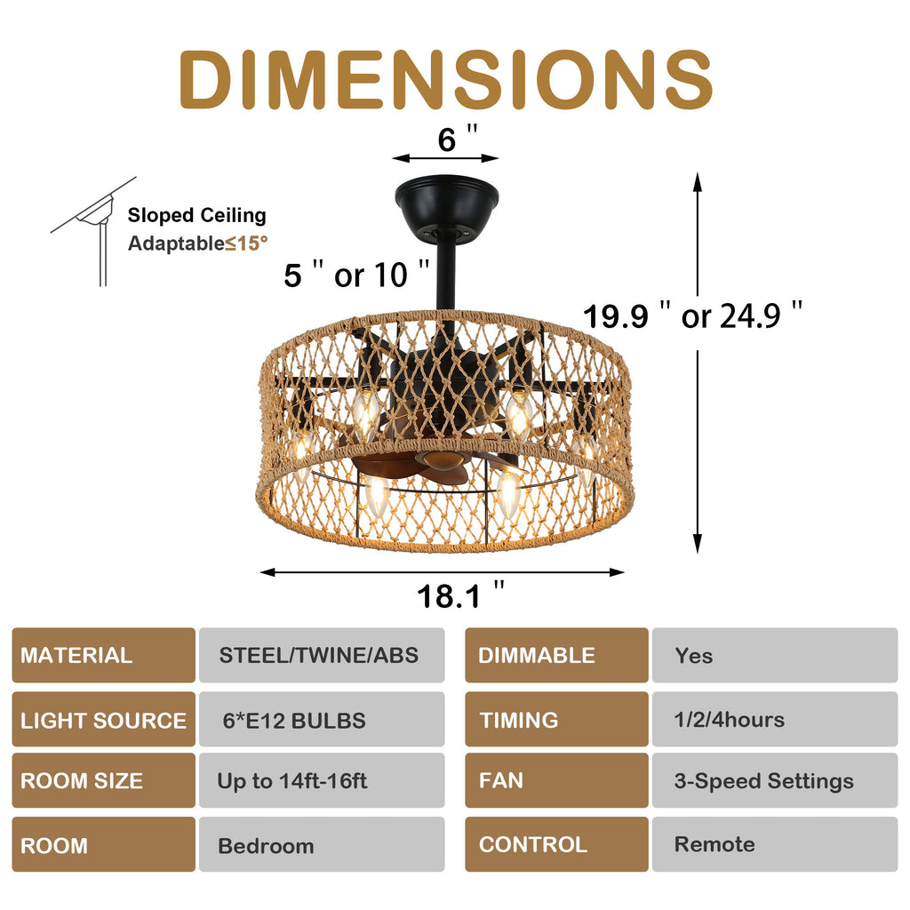 BD1805-BellaDepot 18" Rattan Series Cottage Caged Reversible Ceiling Fan with Lights Remote Control