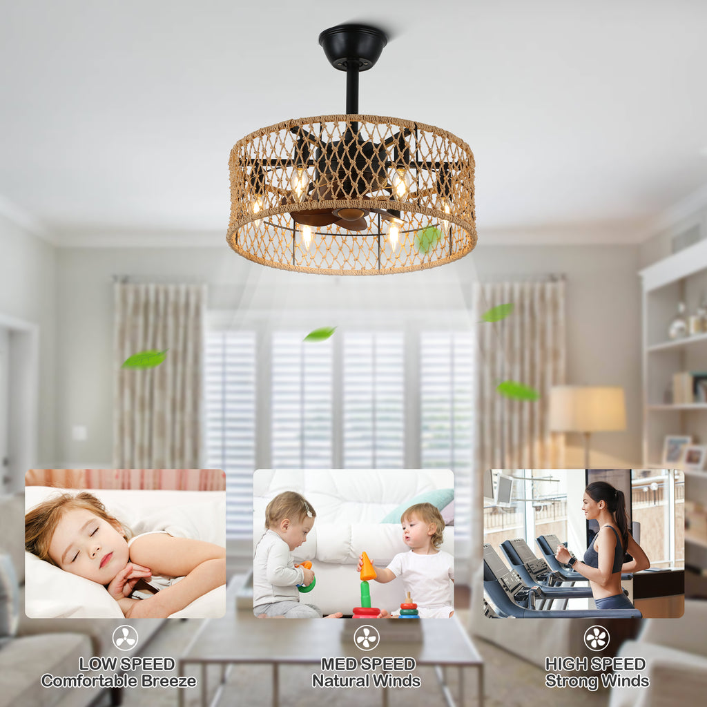 BD1805-BellaDepot 18" Rattan Series Cottage Caged Reversible Ceiling Fan with Lights Remote Control