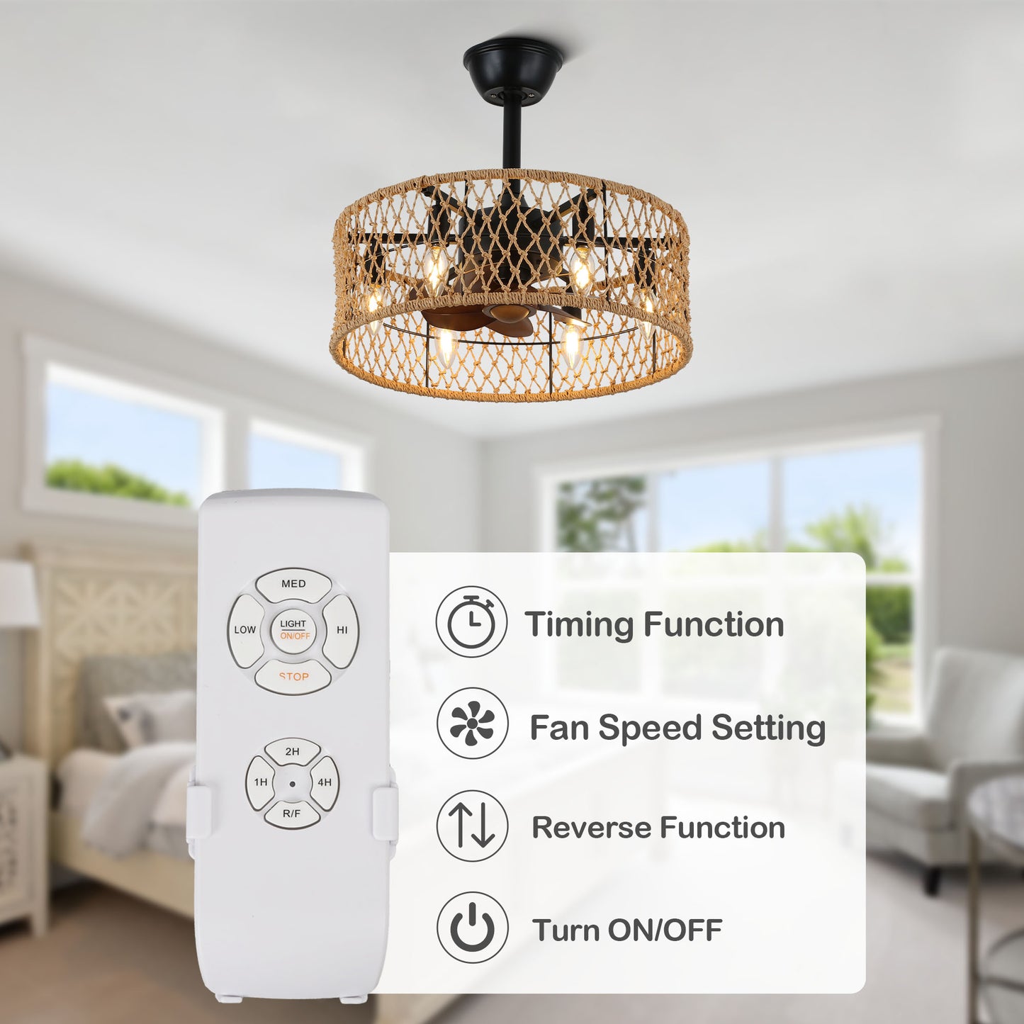 18 in.Rattan Caged Ceiling Fan with Lights, 3- Speed Scandi Style Fan Lights with Remote