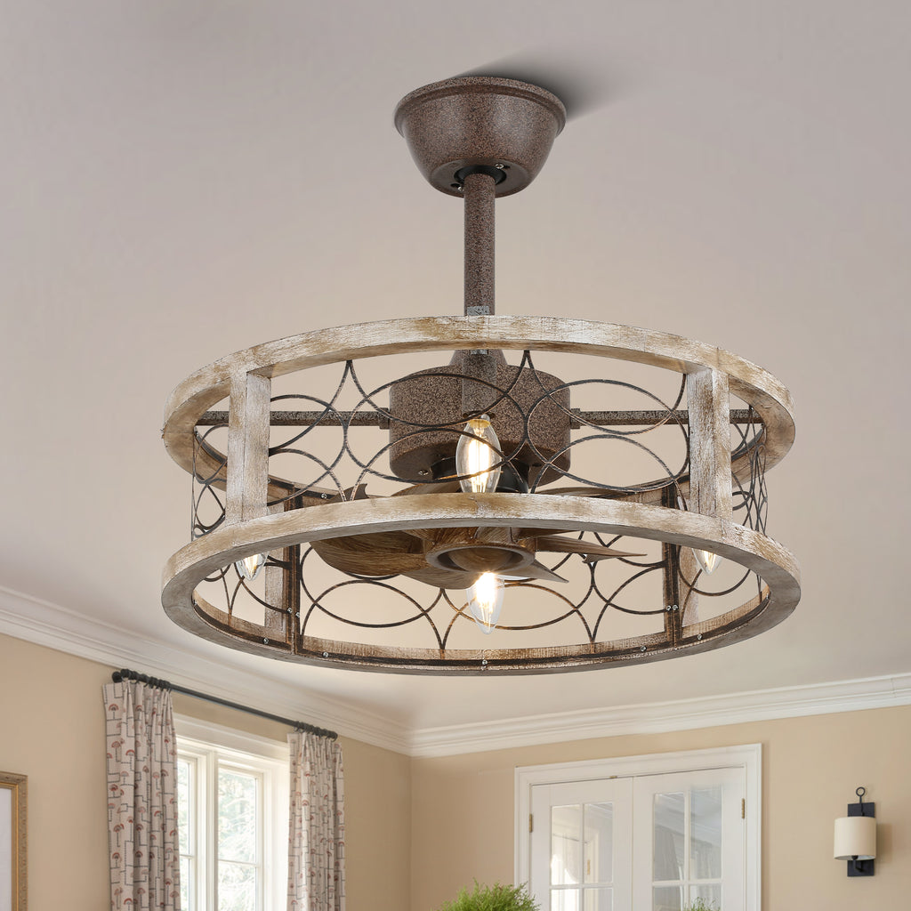 18 Inch Farmhouse Distressed Metal Caged Ceiling Fan with Lights and Remote, 6 Speeds DC Motor Bladeless Fandelier Ceiling Fan